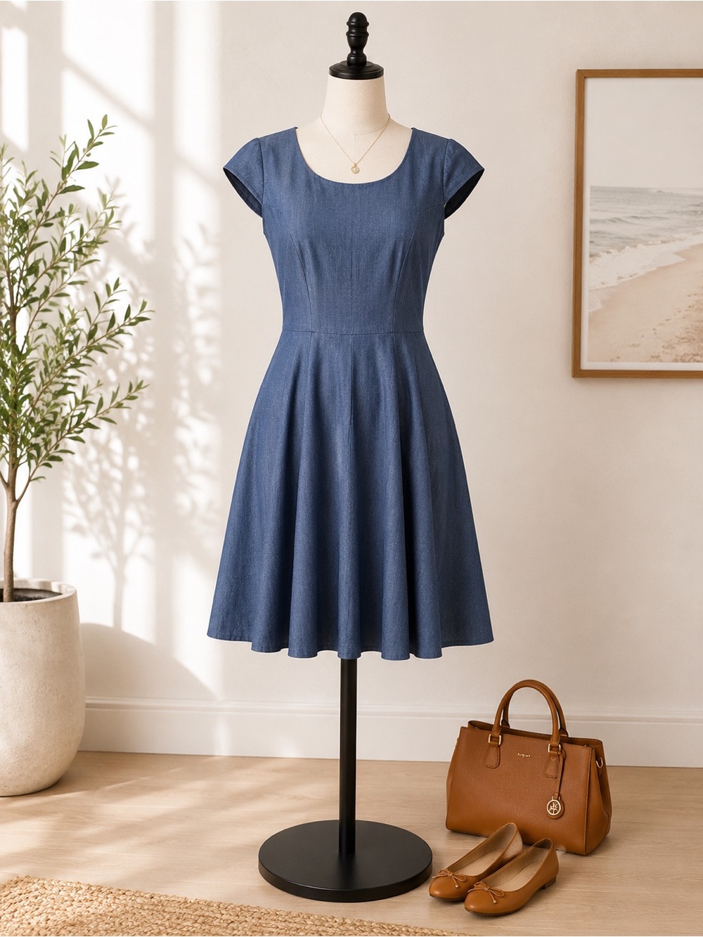 Calvin Klein Blue Chambray Denim Look Fit & Flare Dress Cap Sleeve